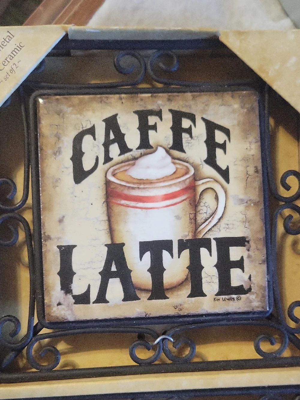 NWT Kim Lewis 2 Coffee Trivets Tiles Wall Art Fresh Java Caffe Latte NewView